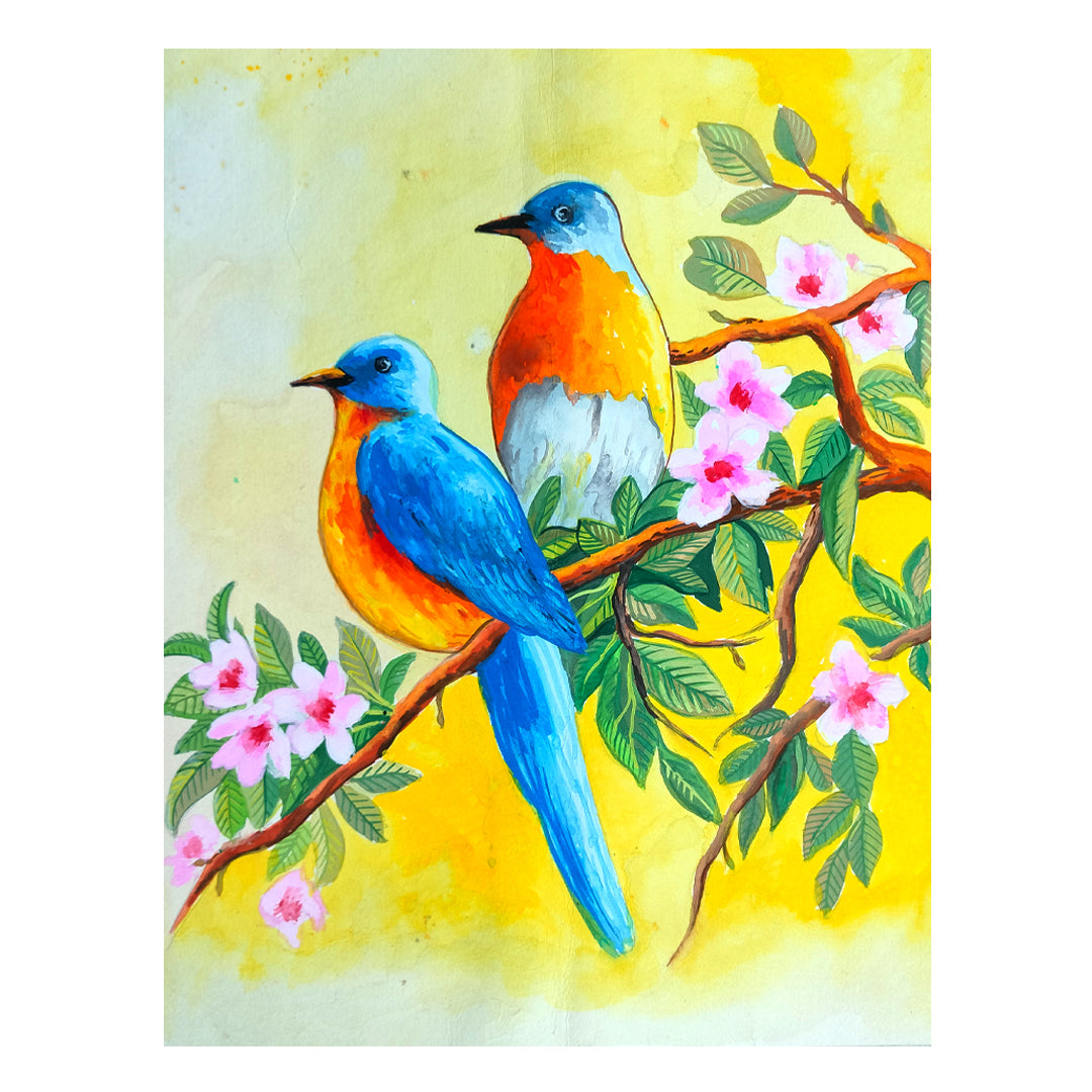 Craftooba Unframed Original Paper Paintings of Birds On Blossoms | Paintings | Handpainting | Paper painting | Unframed | Original Painting |