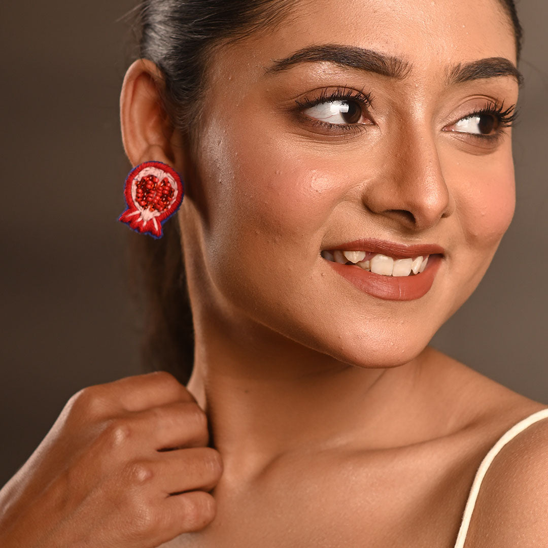 Anarika – Hand Embroidered Pomegranate Statement Earrings |  Artisan Beaded Anar Inspired Studs