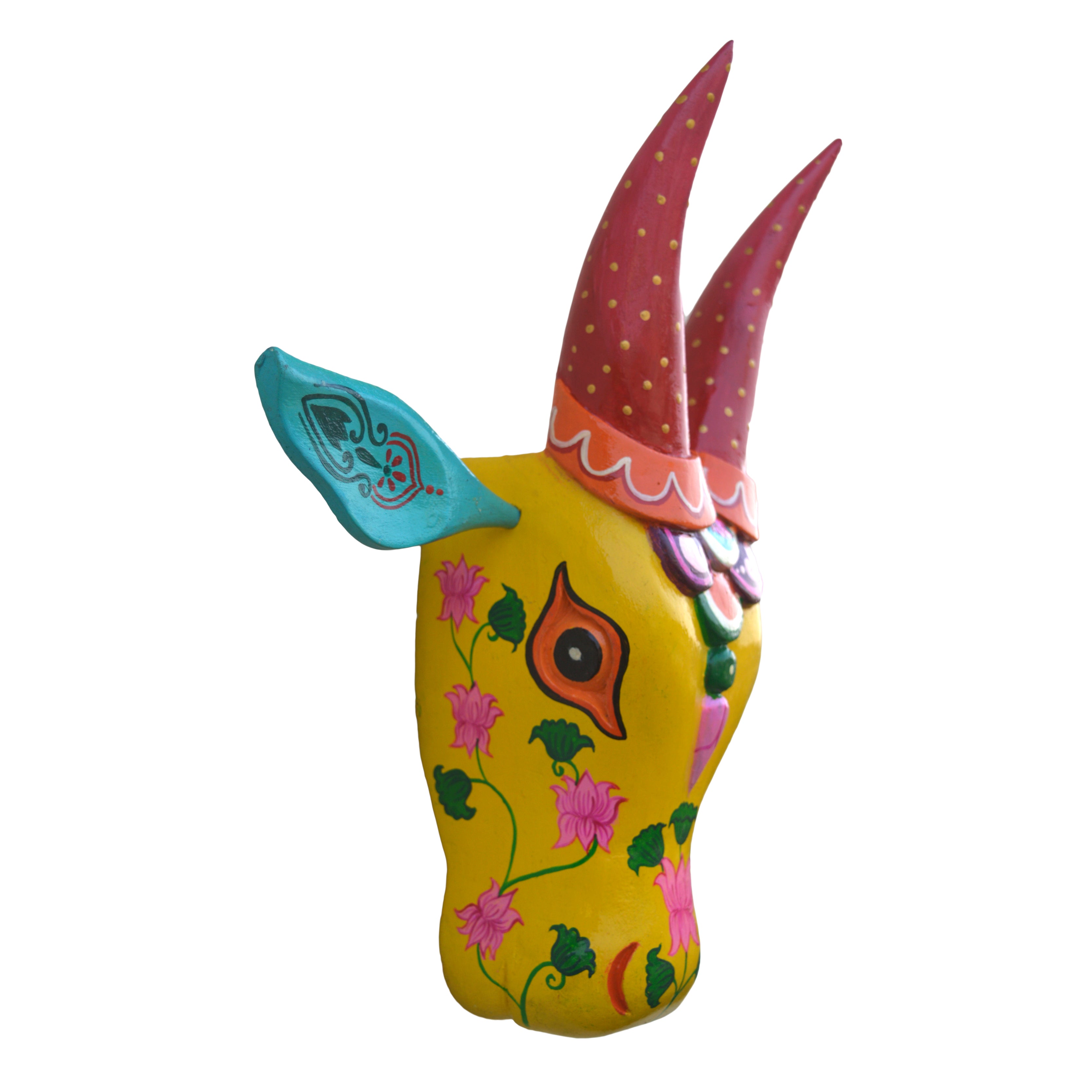 Hand-Carved & Hand-Painted Wooden Cow Head | 15 Inches | Vastu Positive Decor | Oachira Festival Inspired