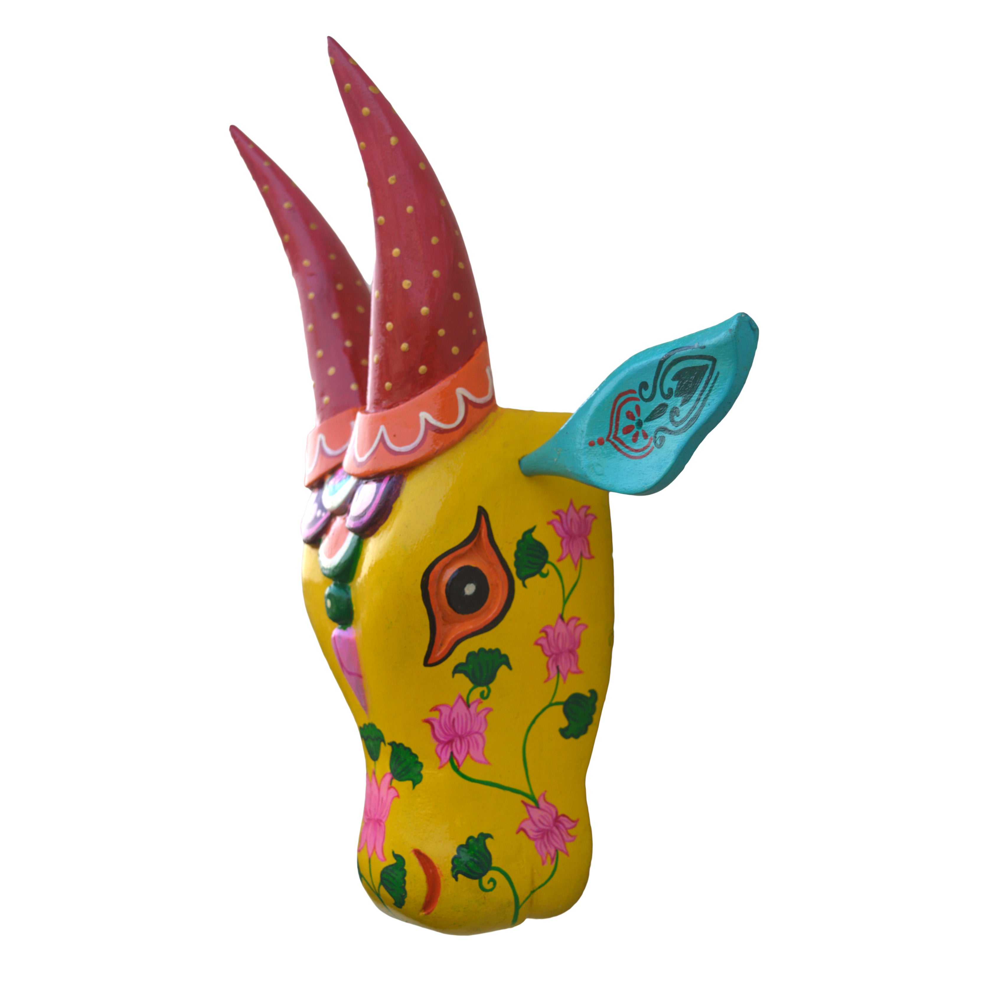 Hand-Carved & Hand-Painted Wooden Cow Head | 15 Inches | Vastu Positive Decor | Oachira Festival Inspired