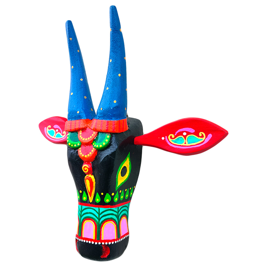 Handcrafted 10-Inch Wooden Cow Head Wall Decor | Oachira Festival Kerala Inspired | Vastu Positive Traditional Art