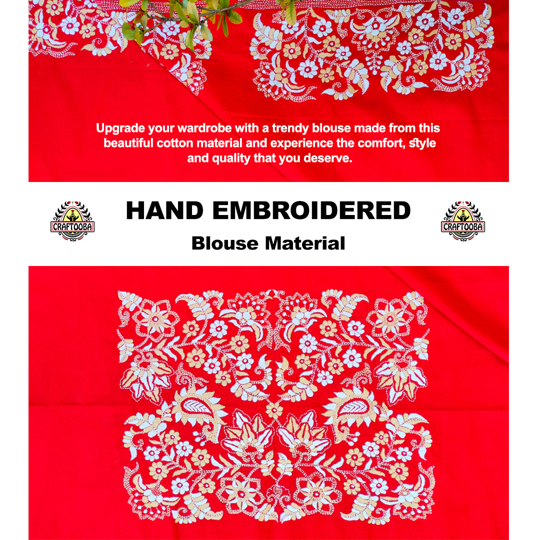 Craftooba Designer handembroidered Blouse Piece | Blouse Material | Designer Blouse | Kantha Hand Embroidered Blouse Piece | red floral