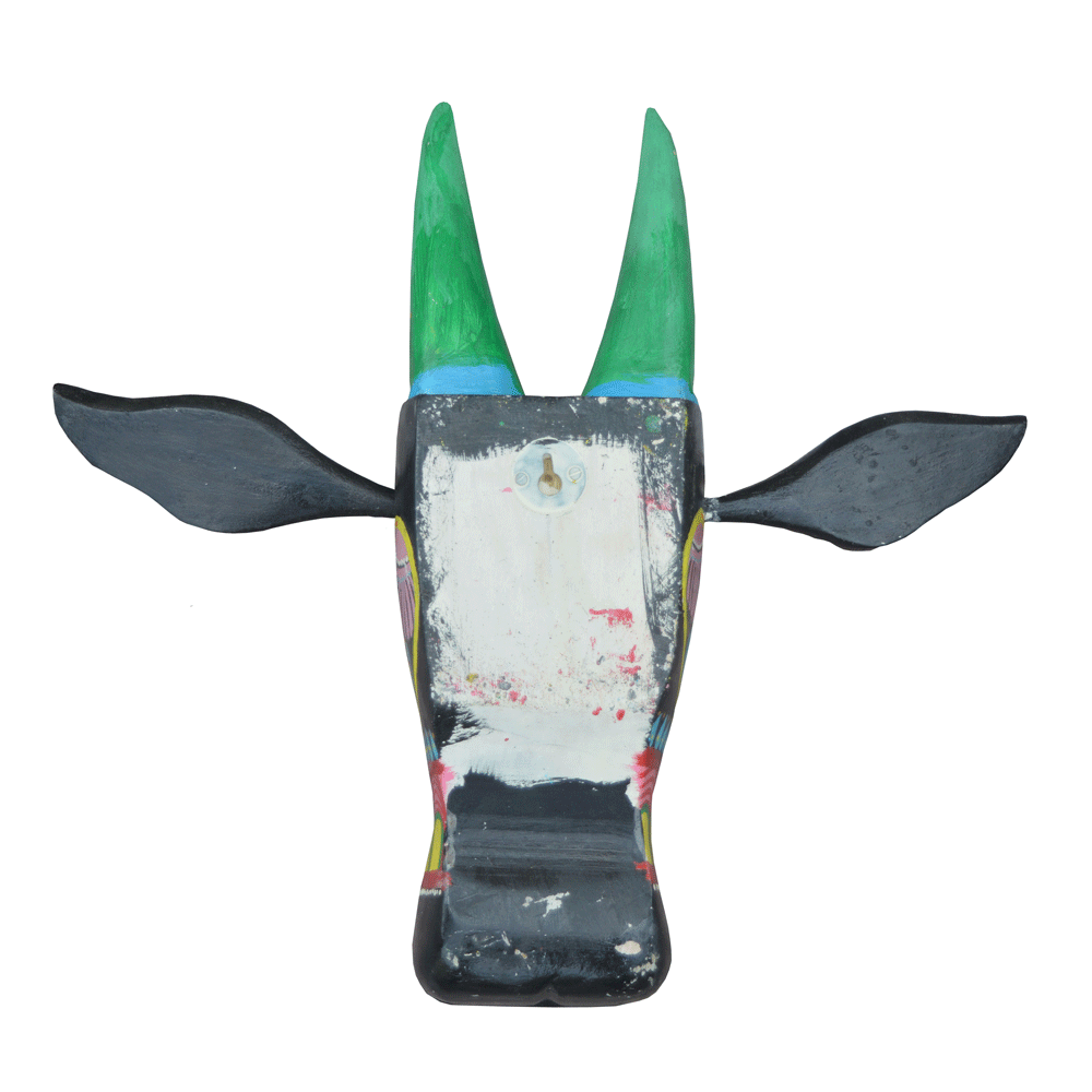 Hand-Carved & Hand-Painted Wooden Cow Head | 15 Inches | Vastu Positive Décor | Inspired by Oachira Festival, Kerala