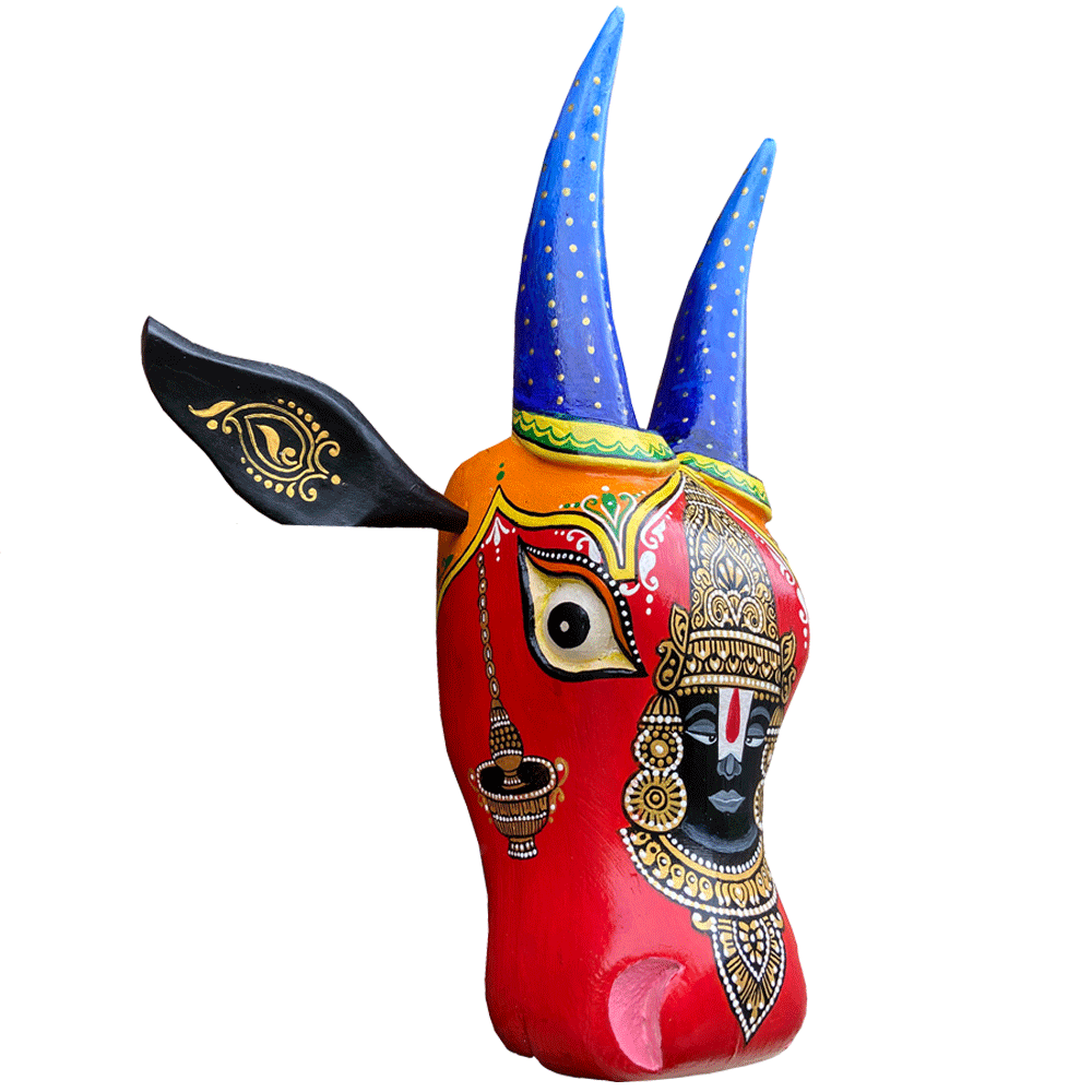 Hand-Carved & Hand-Painted Wooden Cow Head | Lord Balaji | 15 Inches | Vastu Positive Decor | Oachira Festival Inspired