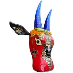 Hand-Carved & Hand-Painted Wooden Cow Head | Lord Balaji | 15 Inches | Vastu Positive Decor | Oachira Festival Inspired
