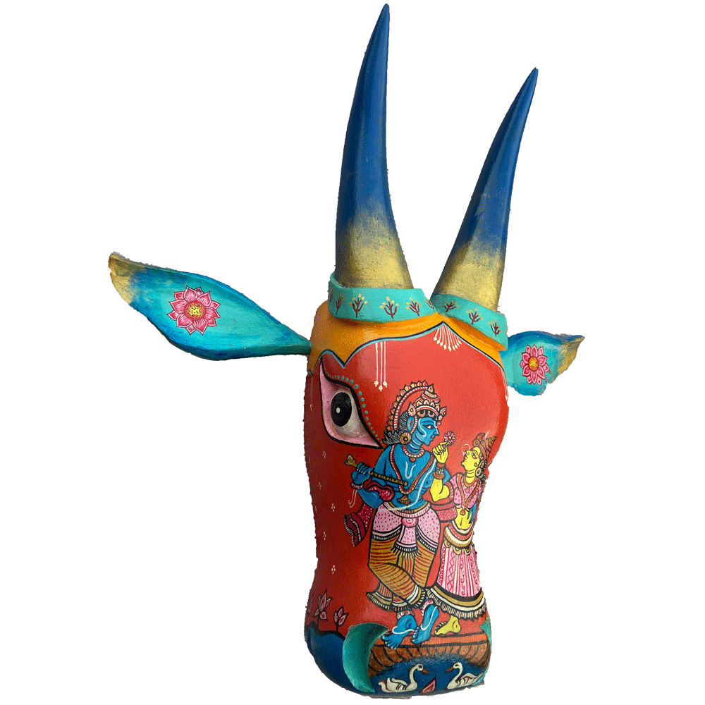 Hand-Carved & Hand-Painted Wooden Cow Head | Radha Krishna | 15 Inches | Orissa Pattachitra Art | Vastu Decor | Oachira Festival Inspired