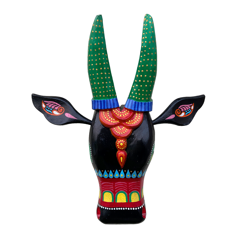Hand-Carved & Hand-Painted Wooden Cow Head | 15 Inches | Vastu Positive Décor | Inspired by Oachira Festival, Kerala