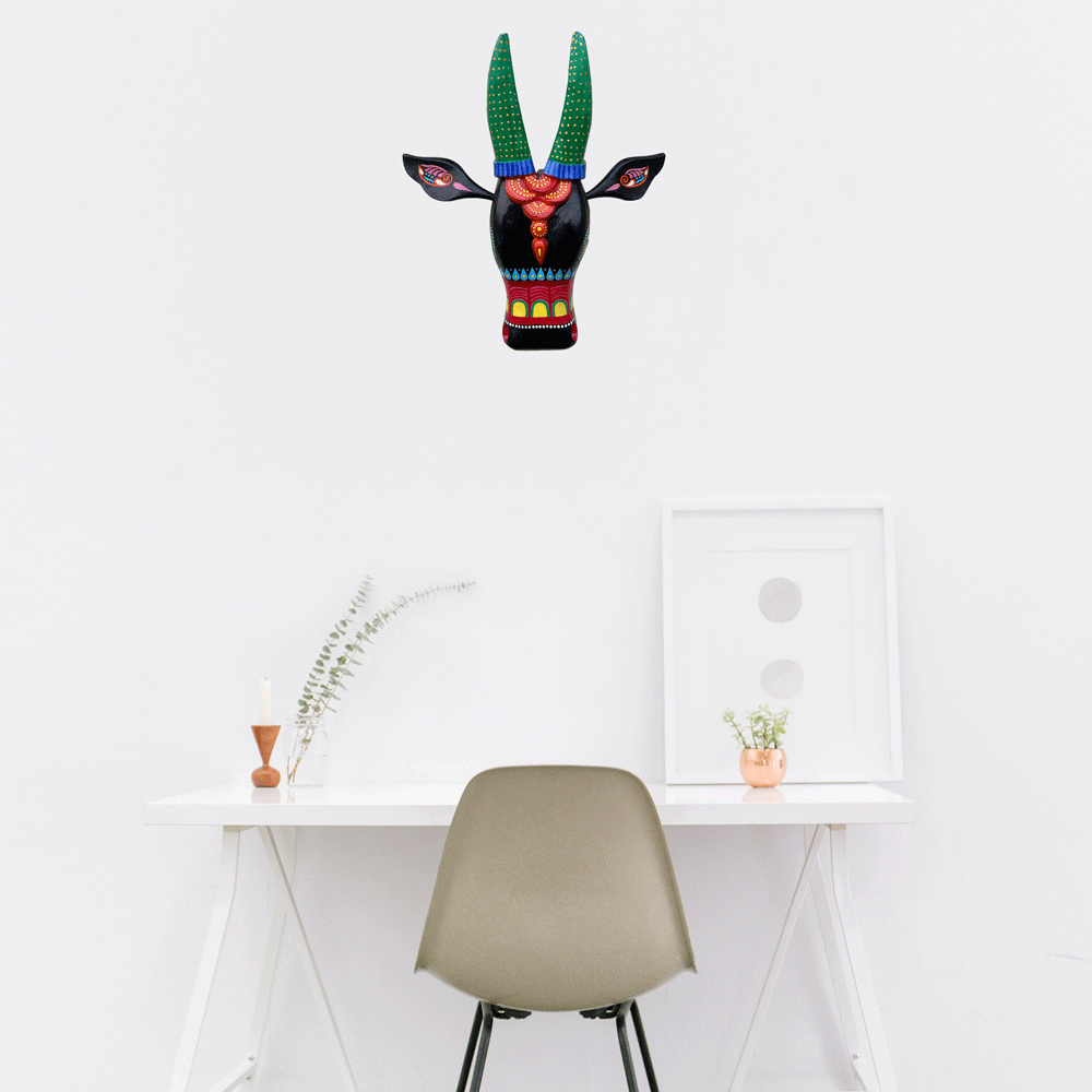 Hand-Carved & Hand-Painted Wooden Cow Head | 15 Inches | Vastu Positive Décor | Inspired by Oachira Festival, Kerala
