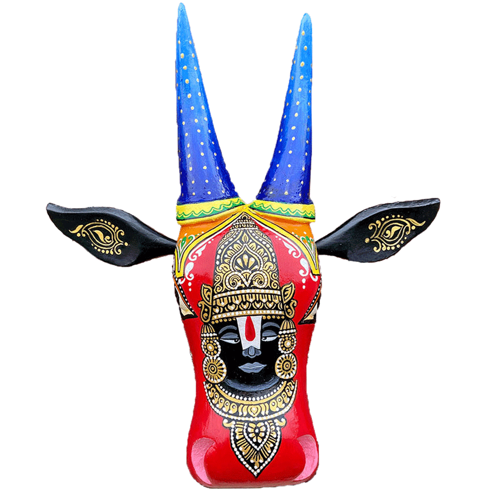 Hand-Carved & Hand-Painted Wooden Cow Head | Lord Balaji | 15 Inches | Vastu Positive Decor | Oachira Festival Inspired