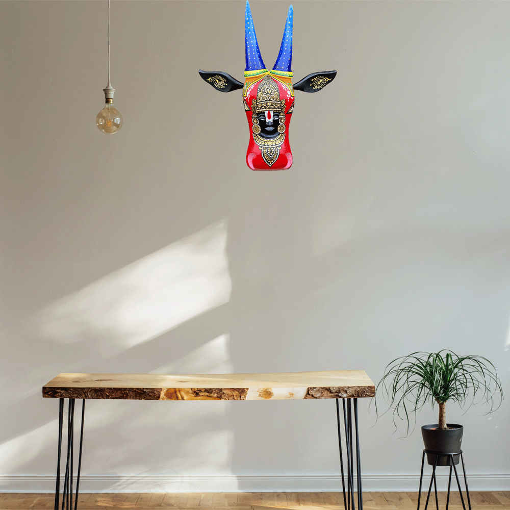 Hand-Carved & Hand-Painted Wooden Cow Head | Lord Balaji | 15 Inches | Vastu Positive Decor | Oachira Festival Inspired