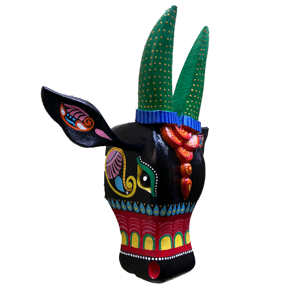 Hand-Carved & Hand-Painted Wooden Cow Head | 15 Inches | Vastu Positive Décor | Inspired by Oachira Festival, Kerala