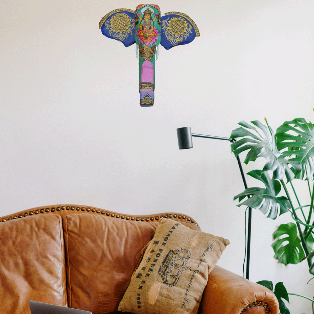15-Inch Hand-Painted Elephant Head Wall Décor Featuring Goddess Lakshmi