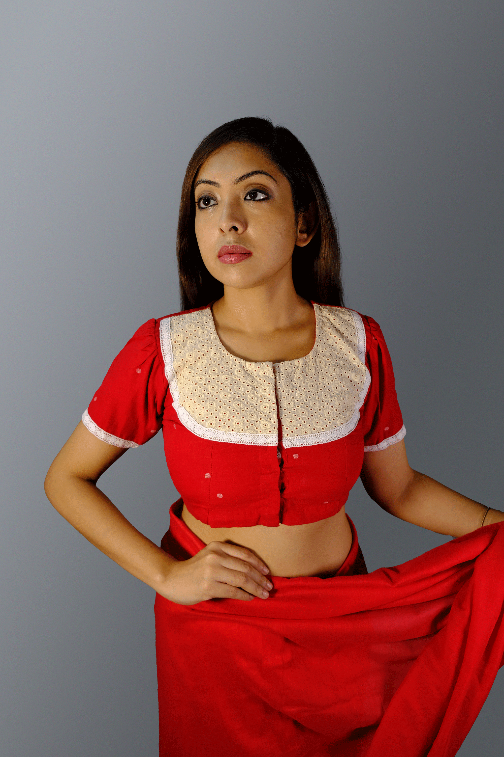Red handwoven jamdani blouse with hakoba yoke and lace detailing