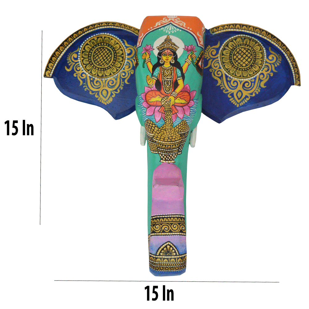 15-Inch Hand-Painted Elephant Head Wall Décor Featuring Goddess Lakshmi