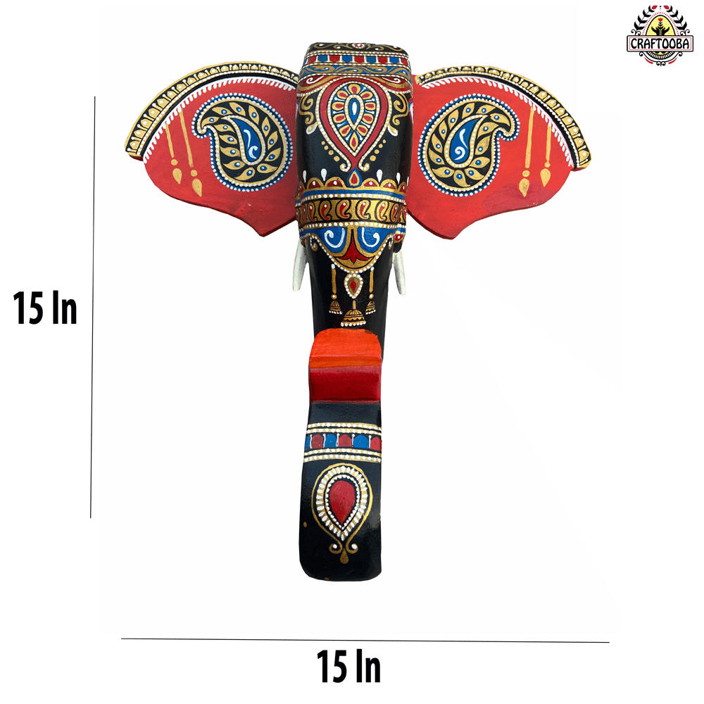 Wooden Hand painted and Hand craf15-Inch Wooden Hand-Carved & Hand-Painted Elephant Head Wall Décorted decorative beautiful Elephant head wall hangings | Wall Decor | Size 15inches Black