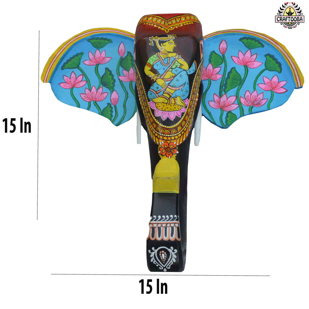 15-Inch Wooden Hand-Carved & Hand-Painted Elephant Head Wall Décor