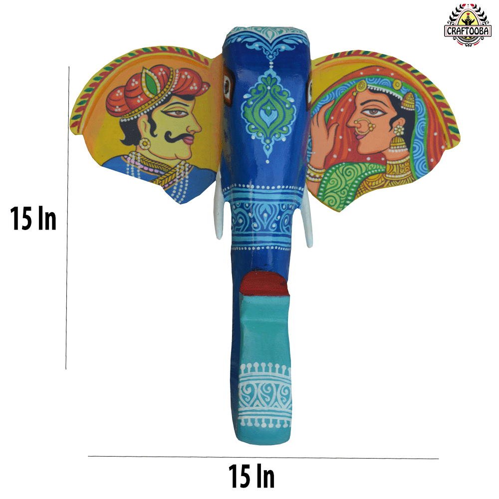 15-Inch Hand-Painted Elephant Head Wall Décor Featuring Royal Indian King and Queen