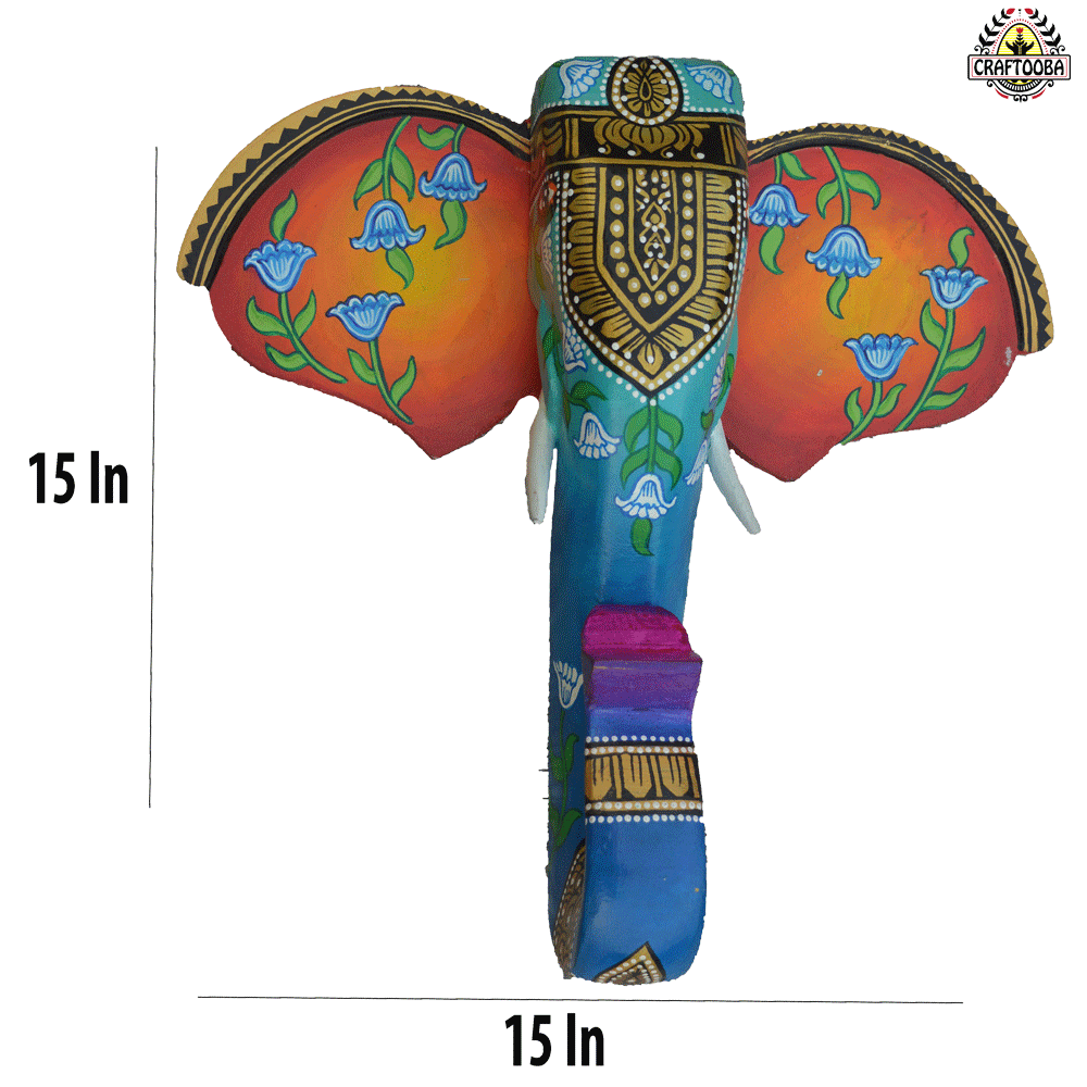 15-Inch Wooden Hand-Carved & Hand-Painted Elephant Head Wall Décor