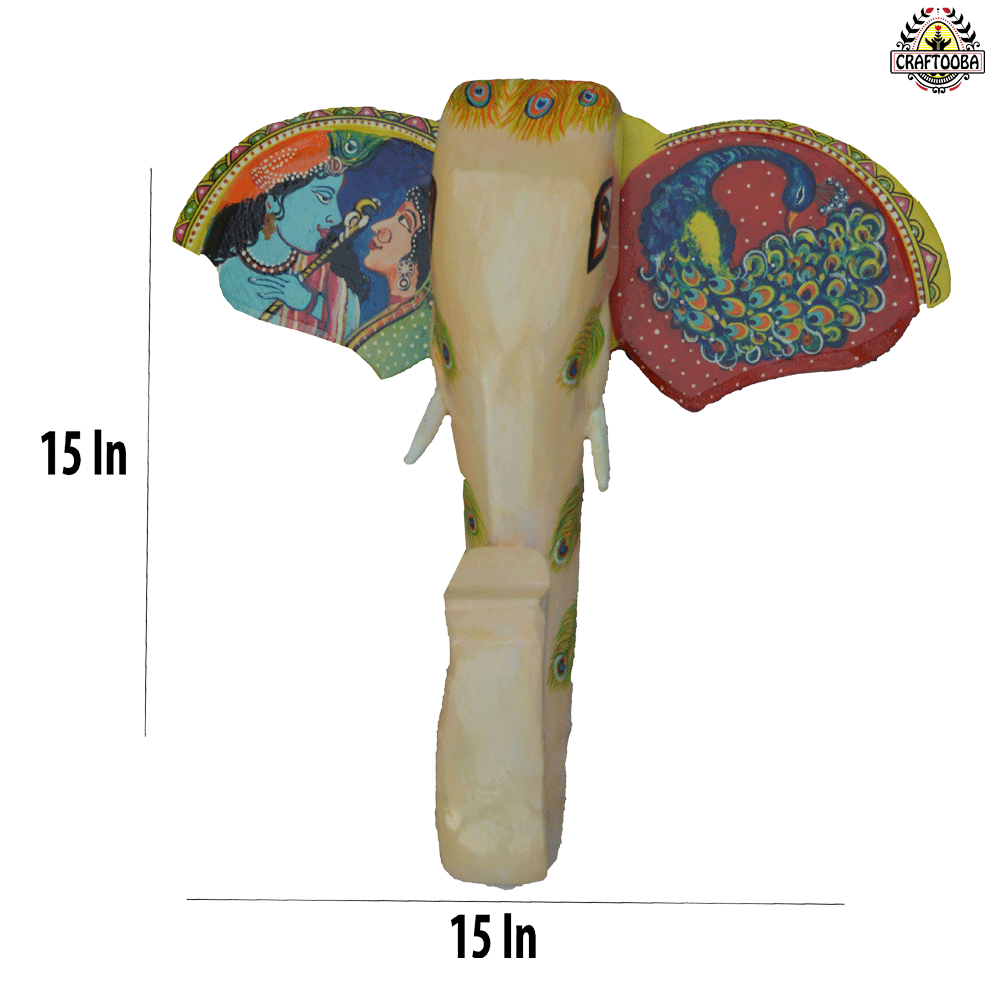 15-Inch Wooden Hand-Carved & Hand-Painted Elephant Head Wall Décor