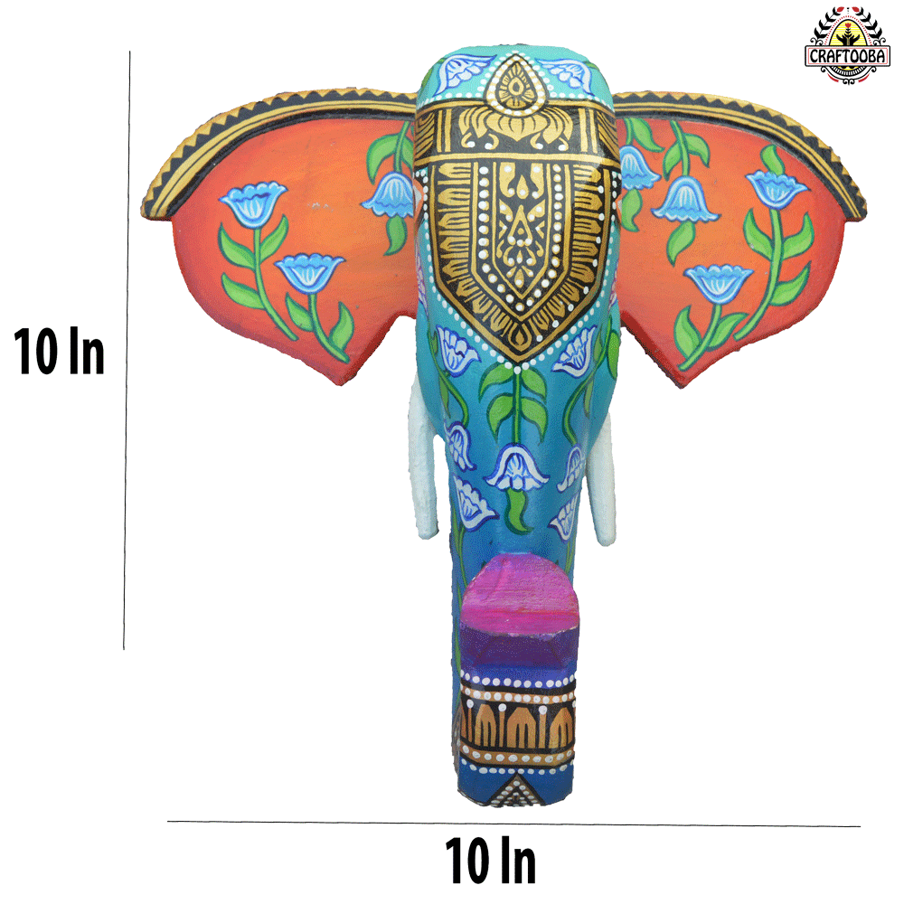 Hand-Carved & Hand-Painted Wooden Elephant Head | 10 Inches | Vastu Positive Decor | Symbol of Power and Protection