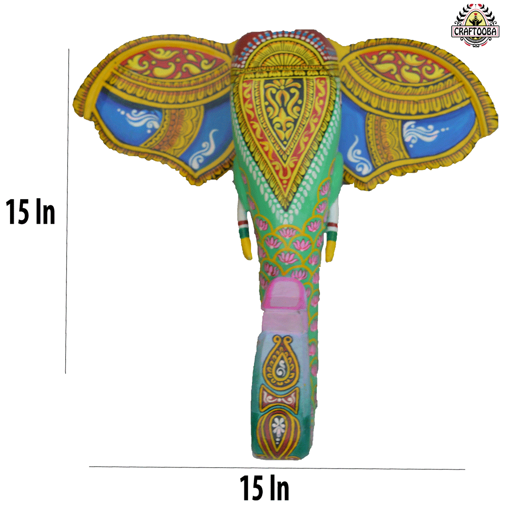 15-Inch Wooden Hand-Carved & Hand-Painted Elephant Head Wall Décor
