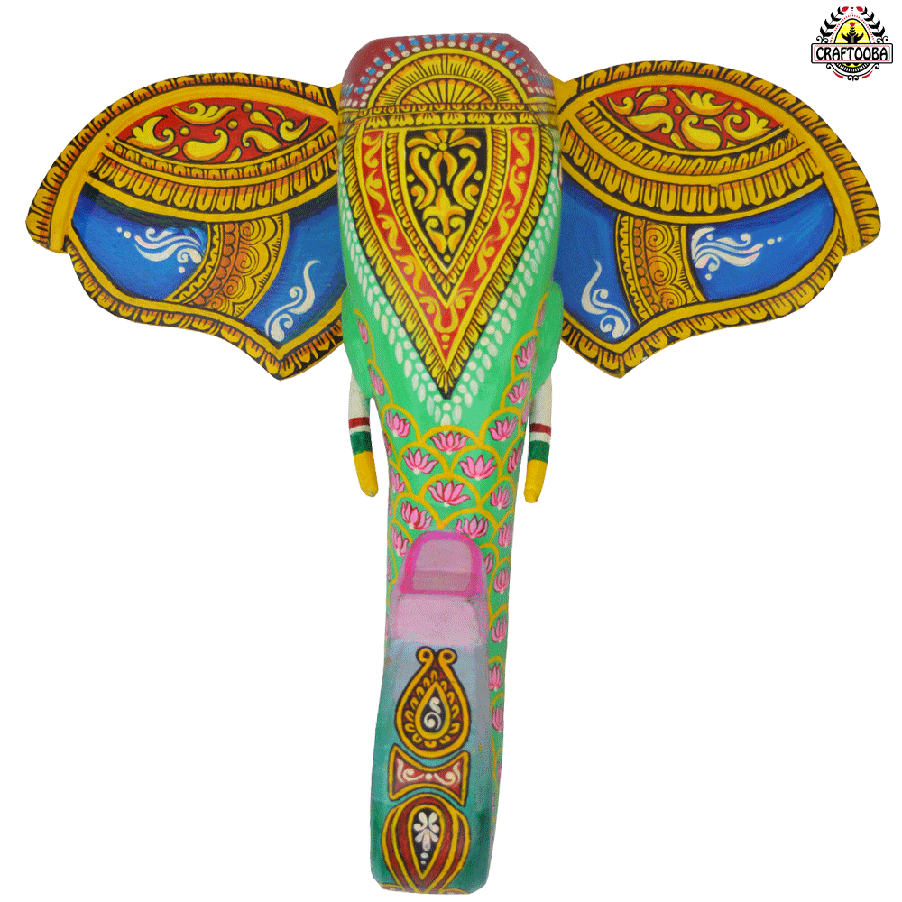15-Inch Wooden Hand-Carved & Hand-Painted Elephant Head Wall Décor