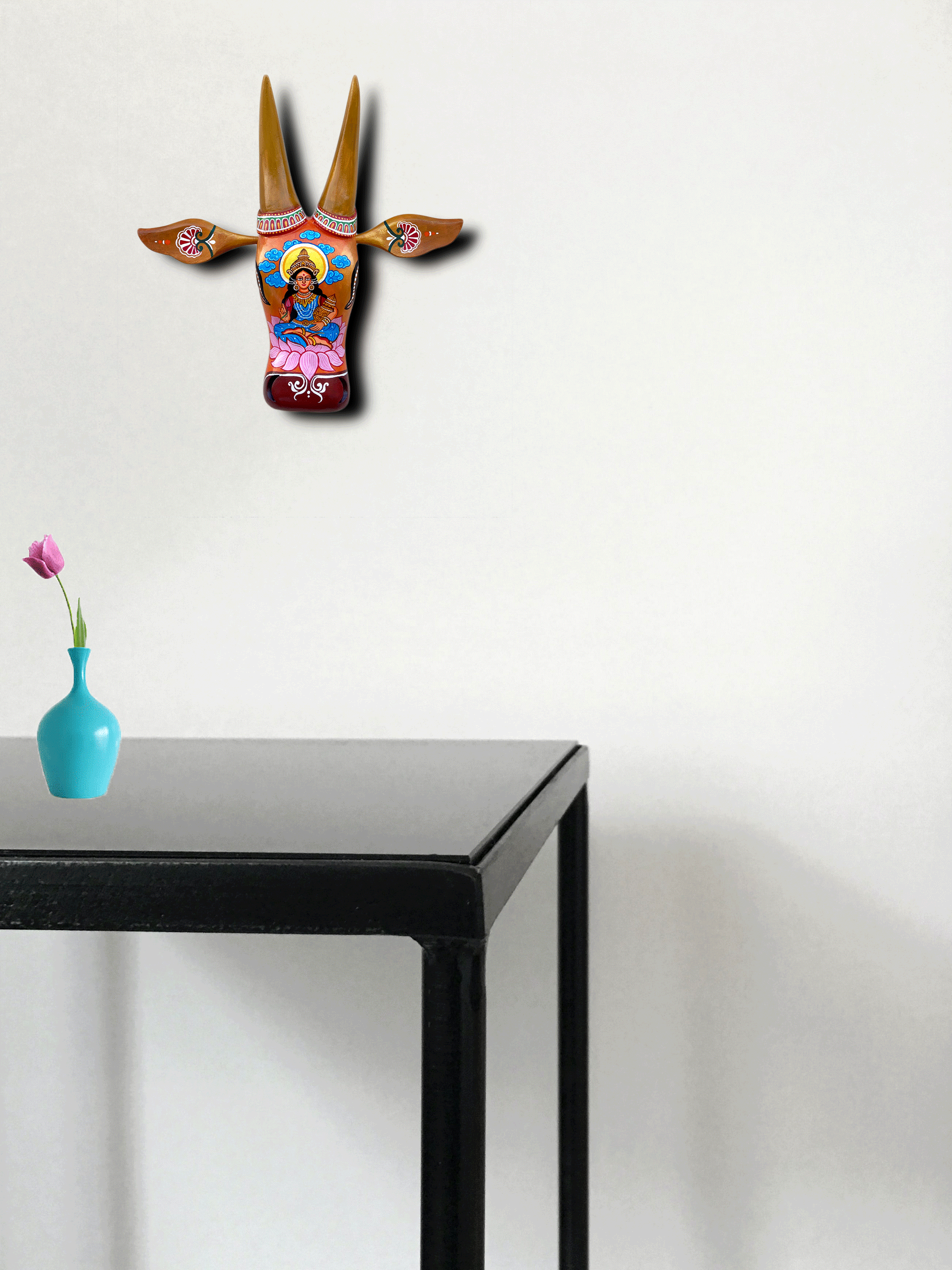Hand-Carved & Hand-Painted Wooden Cow Head | Goddess Lakshmi | 15 Inches | Vastu Positive Decor | Oachira Festival Inspired