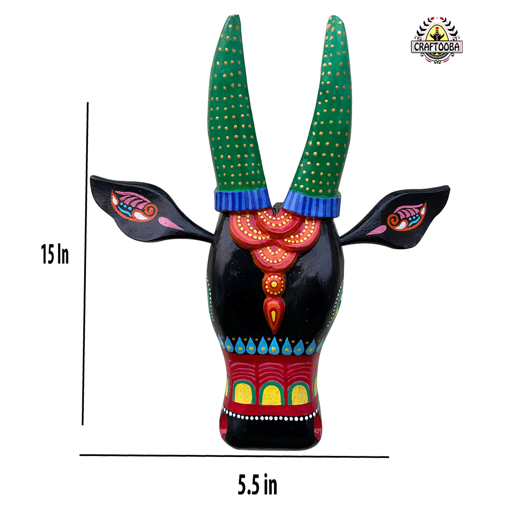 Hand-Carved & Hand-Painted Wooden Cow Head | 15 Inches | Vastu Positive Décor | Inspired by Oachira Festival, Kerala