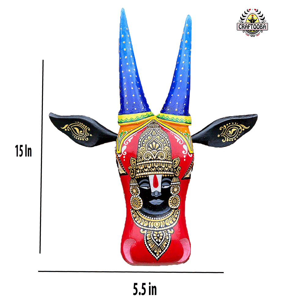 Hand-Carved & Hand-Painted Wooden Cow Head | Lord Balaji | 15 Inches | Vastu Positive Decor | Oachira Festival Inspired