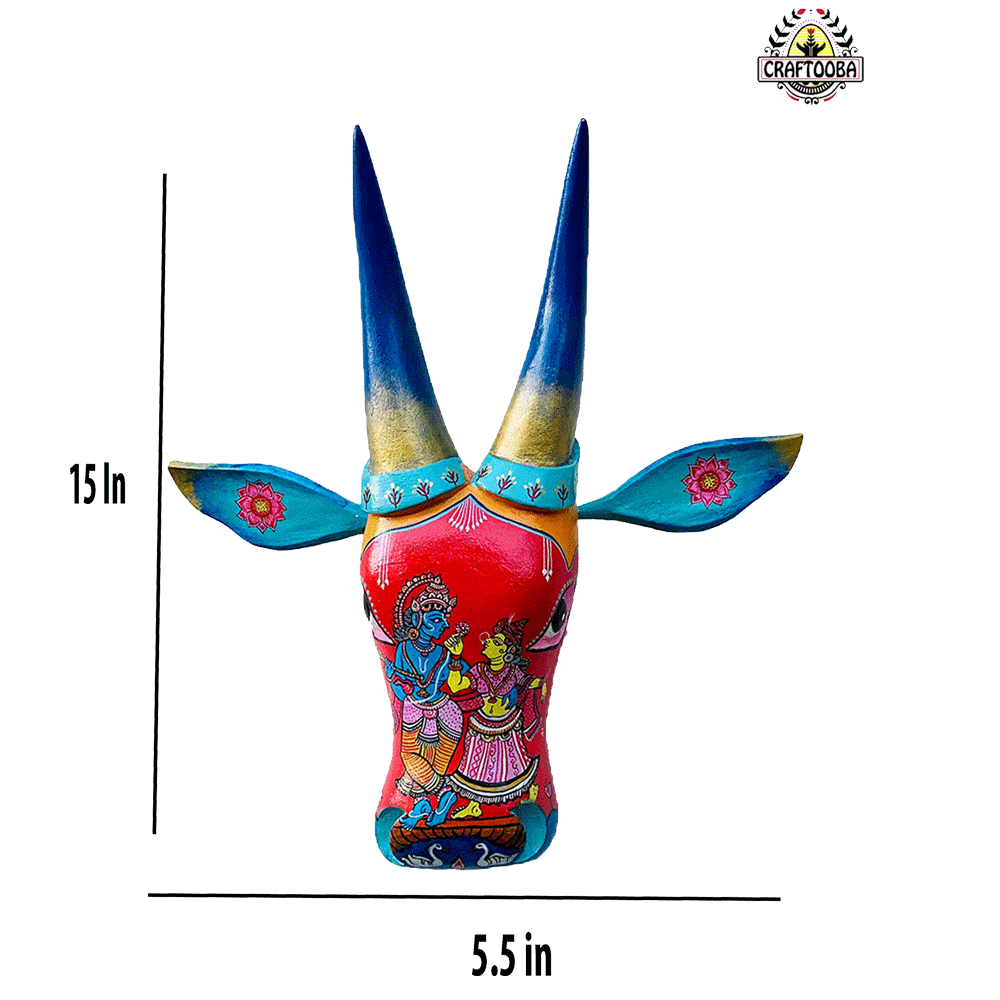 Hand-Carved & Hand-Painted Wooden Cow Head | Radha Krishna | 15 Inches | Orissa Pattachitra Art | Vastu Decor | Oachira Festival Inspired